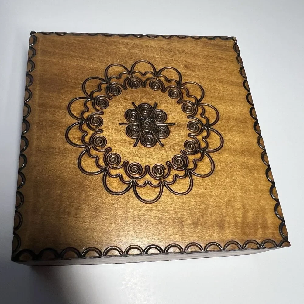 Vintage Polish Hand Carved Hot Stamped Wood Jewelry Box 4.5